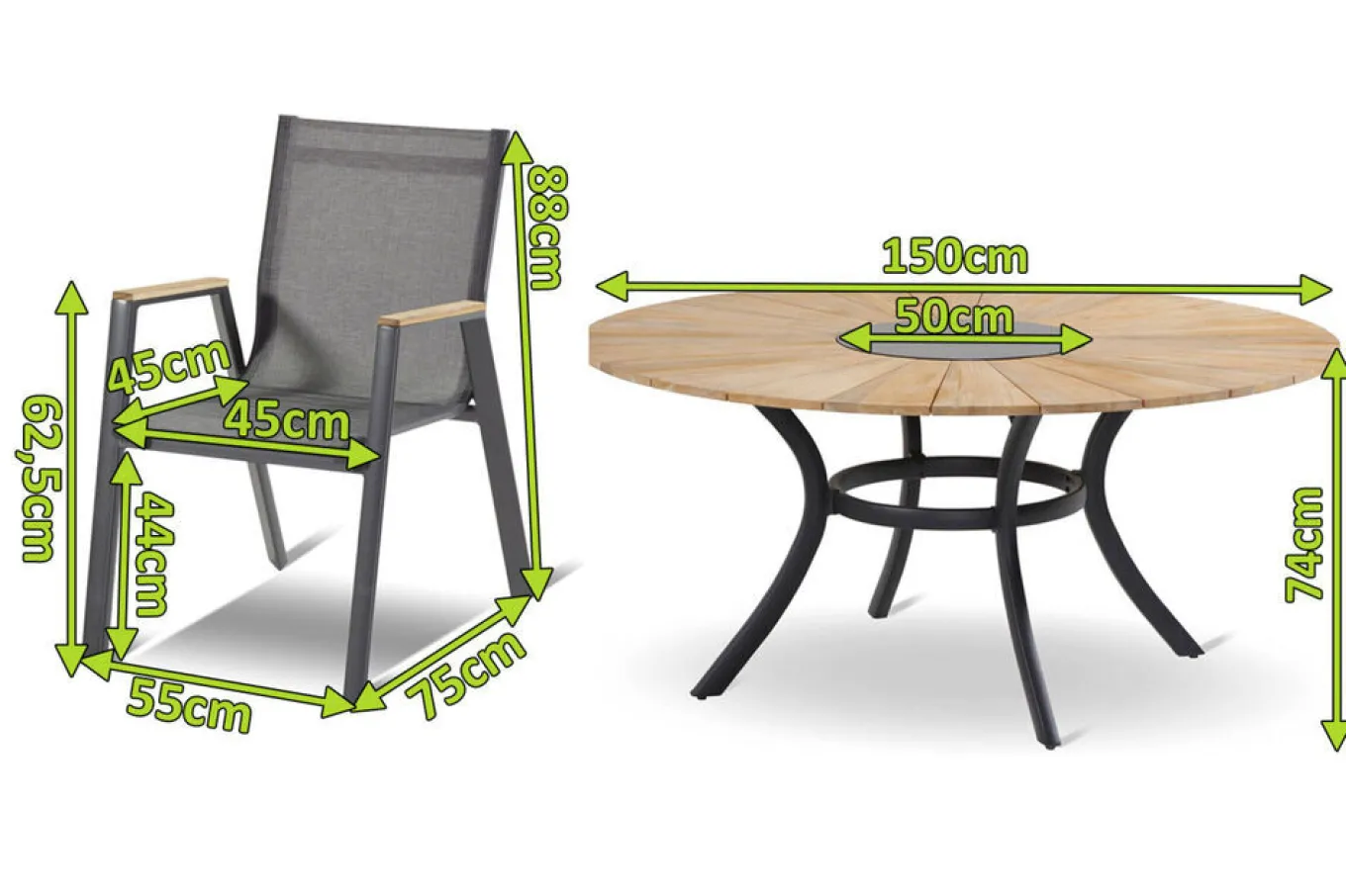 Clearance Provence / Aruba Garten-Essgruppe, xerix/anthrazit, Alu/Teakholz, 5 Stapelsessel, Ø150cm, inkl. Eiskühler Garten-Essgruppen