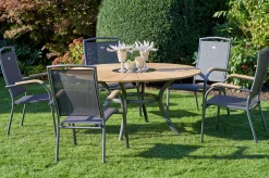 Clearance Provence / Raffaelo Garten-Essgruppe, xerix/anthrazit, Alu/Teakholz, 5 Stapelsessel, Ø150cm, inkl. Eiskühler Garten-Essgruppen