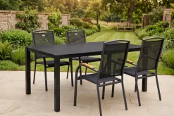 Clearance Raffaelo Garten-Essgruppe, xerix/anthrazit, Alu/Spraystone/Teak, 160x95 cm, 4 Stapelsessel, Teak Armlehnen Garten-Essgruppen