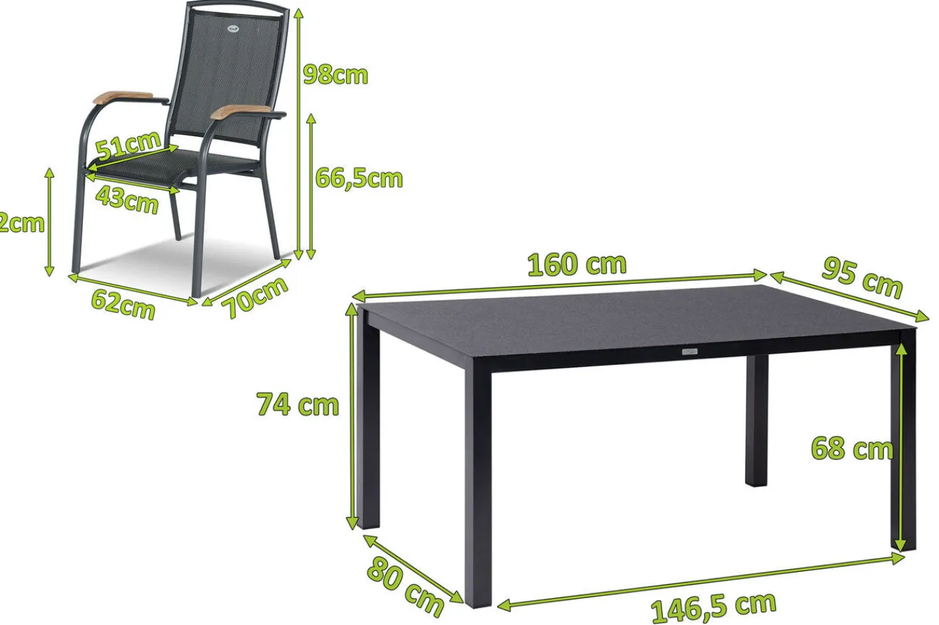 Clearance Raffaelo Garten-Essgruppe, xerix/anthrazit, Alu/Spraystone/Teak, 160x95 cm, 4 Stapelsessel, Teak Armlehnen Garten-Essgruppen