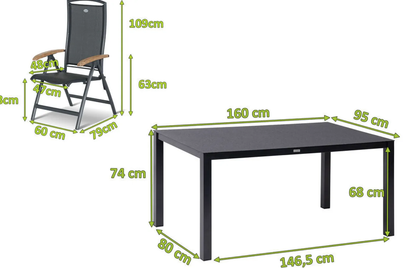 Sale Raffaelo Garten-Essgruppe, xerix/anthrazit, Alu/Spraystone/Teak, 160x95 cm, 4 Klappstühle, Teak Armlehnen Garten-Essgruppen|Aluminium-Gartenmöbel