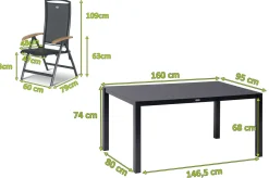 Sale Raffaelo Garten-Essgruppe, xerix/anthrazit, Alu/Spraystone/Teak, 160x95 cm, 4 Klappstühle, Teak Armlehnen Garten-Essgruppen|Aluminium-Gartenmöbel