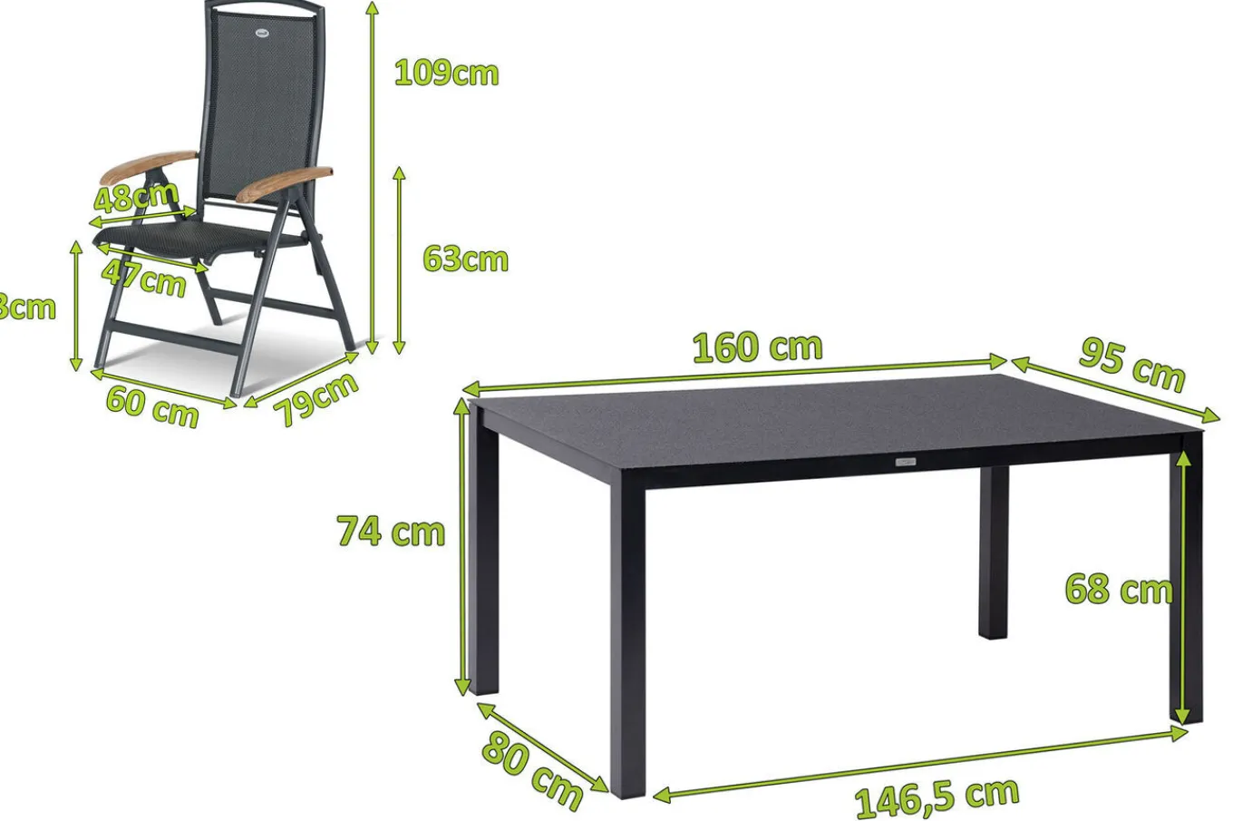 Sale Raffaelo Garten-Essgruppe, xerix/anthrazit, Alu/Spraystone/Teak, 160x95 cm, 4 Klappstühle, Teak Armlehnen Garten-Essgruppen|Aluminium-Gartenmöbel