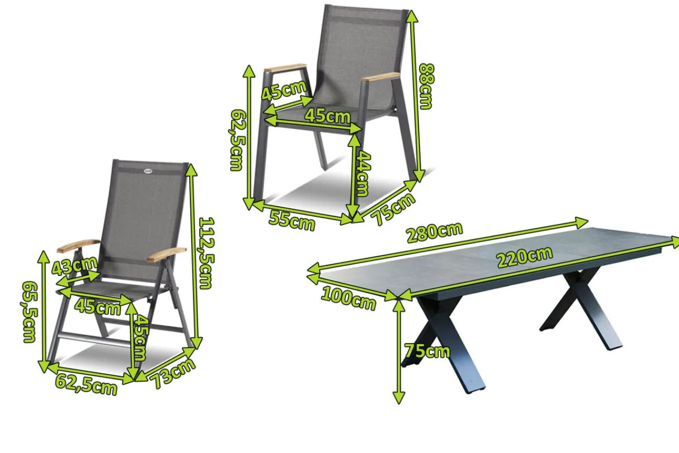 Hot Sondermodell Xanadu / Aruba Garten-Essgruppe, xerix/anthrazit, Alu/Glaskeramik, 8 Stapelsessel, 2 Klappstühle, 220/280x100cm Garten-Essgruppen
