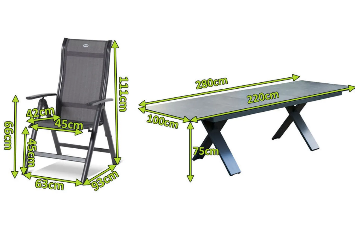 Outlet Sondermodell Xanadu / Alice Comfort Garten-Essgruppe, xerix/anthrazit, Alu/Glaskeramik, 6 Klappstühle, 220/280x100cm Garten-Essgruppen