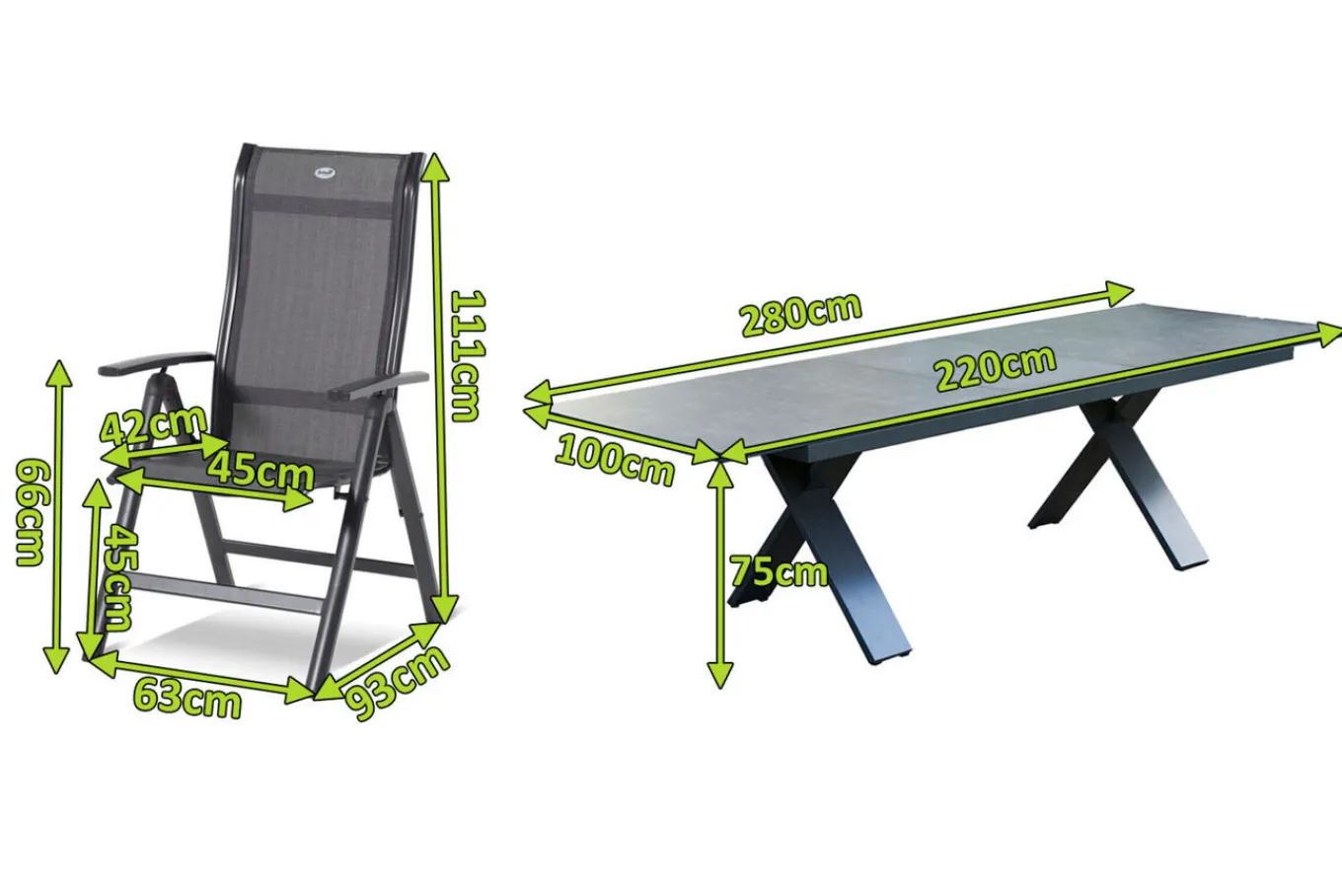 Outlet Sondermodell Xanadu / Alice Comfort Garten-Essgruppe, xerix/anthrazit, Alu/Glaskeramik, 6 Klappstühle, 220/280x100cm Garten-Essgruppen