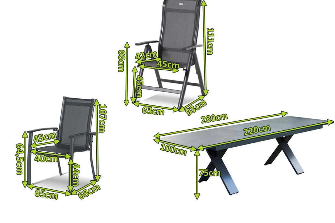 Outlet Sondermodell Xanadu / Alice Comfort Garten-Essgruppe, xerix/anthrazit, Alu/Glaskeramik, 6 Stapelsessel, 2 Klappstühle, 220/280x100cm Garten-Essgruppen