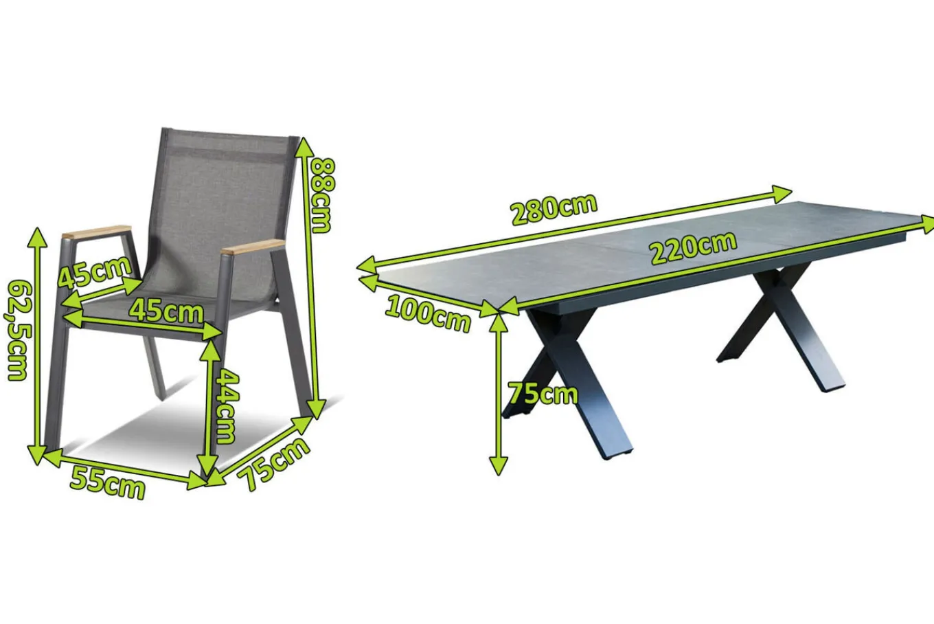 Sondermodell Xanadu / Aruba Set, xerix/anthrazit, Alu/Glaskeramik, 6 Stapelsessel, 220/280x100cm Garten-Essgruppen