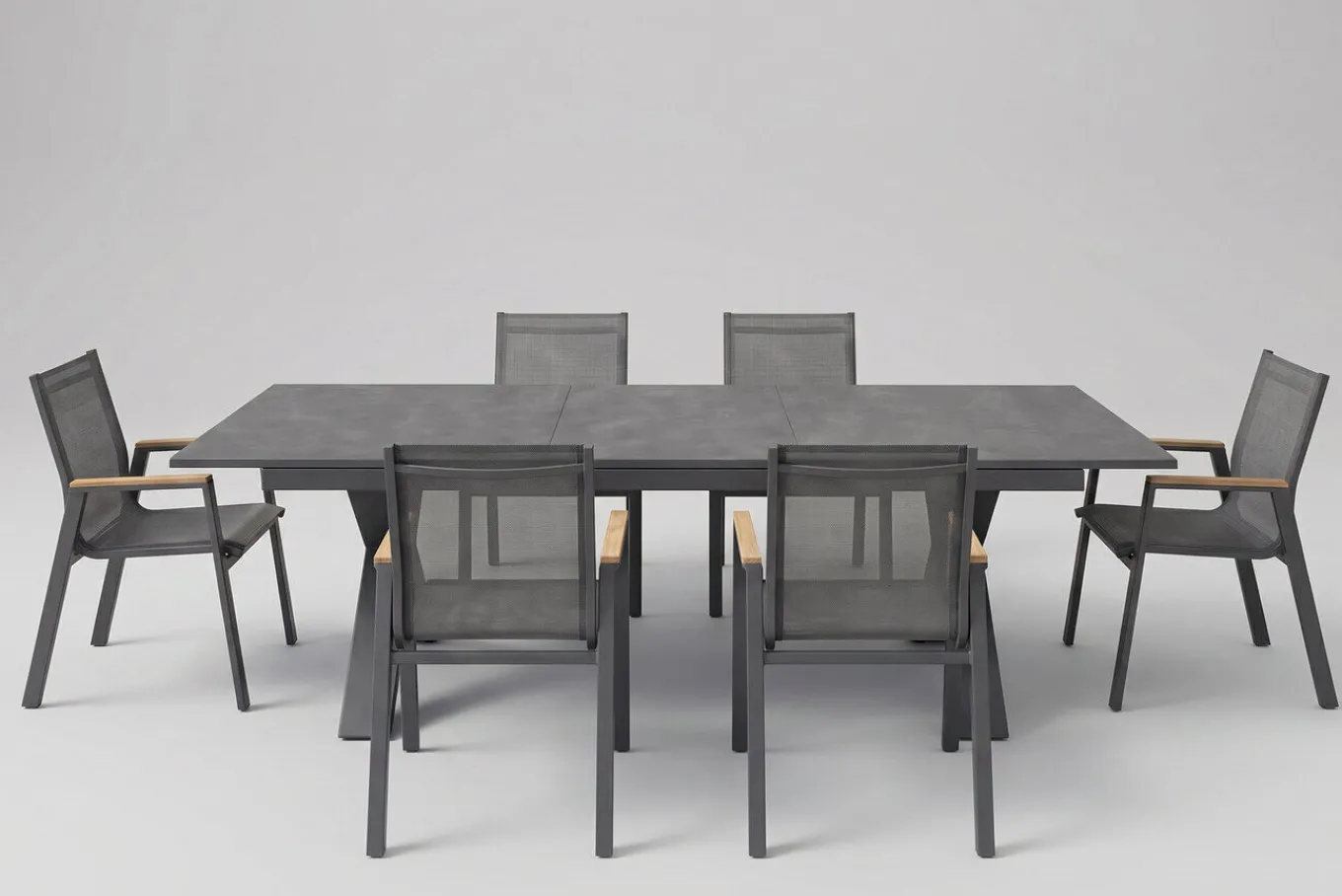 Sondermodell Xanadu / Aruba Set, xerix/anthrazit, Alu/Glaskeramik, 6 Stapelsessel, 220/280x100cm Garten-Essgruppen