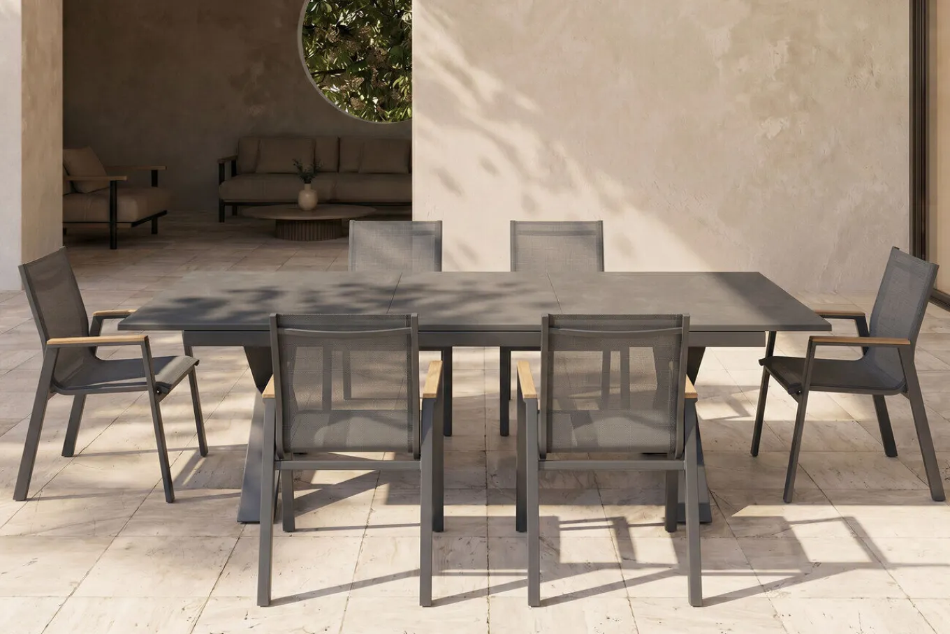 Sondermodell Xanadu / Aruba Set, xerix/anthrazit, Alu/Glaskeramik, 6 Stapelsessel, 220/280x100cm Garten-Essgruppen
