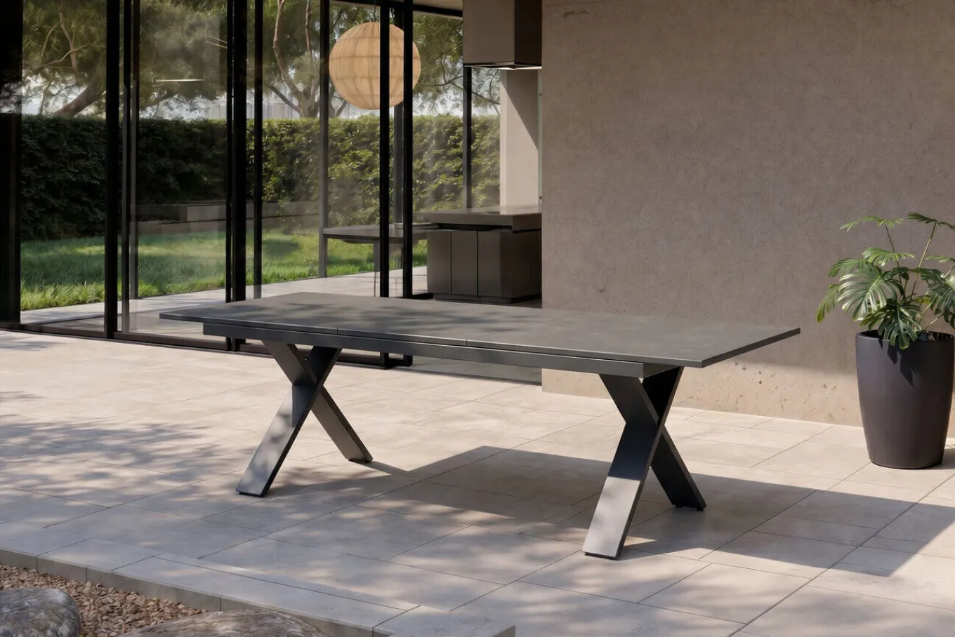 Sondermodell Xanadu / Aruba Set, xerix/anthrazit, Alu/Glaskeramik, 6 Stapelsessel, 220/280x100cm Garten-Essgruppen