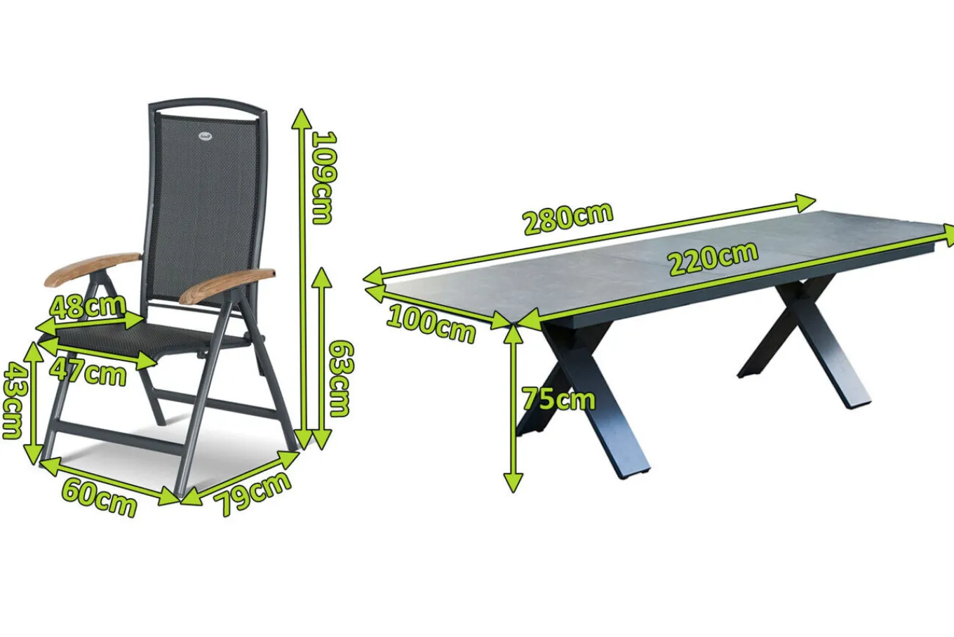 Clearance Sondermodell Xanadu / Raffaelo Garten-Essgruppe, xerix/anthrazit, Alu/Glaskeramik, 8 Klappstühle, 220/280x100cm Garten-Essgruppen