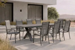 Outlet Sondermodell Xanadu / Alice Comfort Set, xerix/anthrazit, Alu/Glaskeramik, 8 Stapelsessel, 220/280x100cm Garten-Essgruppen|Aluminium-Gartenmöbel