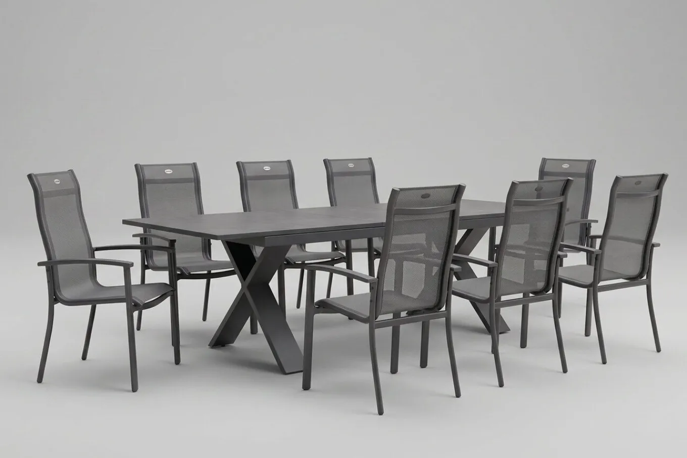 Outlet Sondermodell Xanadu / Alice Comfort Set, xerix/anthrazit, Alu/Glaskeramik, 8 Stapelsessel, 220/280x100cm Garten-Essgruppen|Aluminium-Gartenmöbel