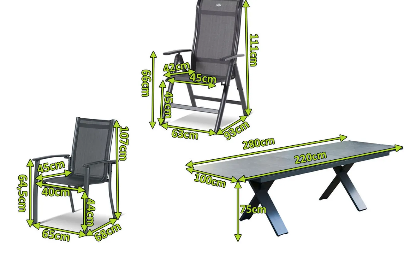 Discount Sondermodell Xanadu / Alice Comfort Garten-Essgruppe, xerix/anthrazit, Alu/Glaskeramik, 2 Stapelsessel, 6 Klappstühle, 220/280x100cm Garten-Essgruppen