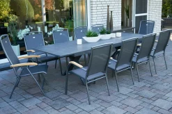 Clearance Sondermodell Xanadu / Raffaelo Garten-Essgruppe, xerix/anthrazit, Alu/Glaskeramik, 8 Stapelsessel, 2 Klappstühle, 220/280x100cm Garten-Essgruppen|Aluminium-Gartenmöbel