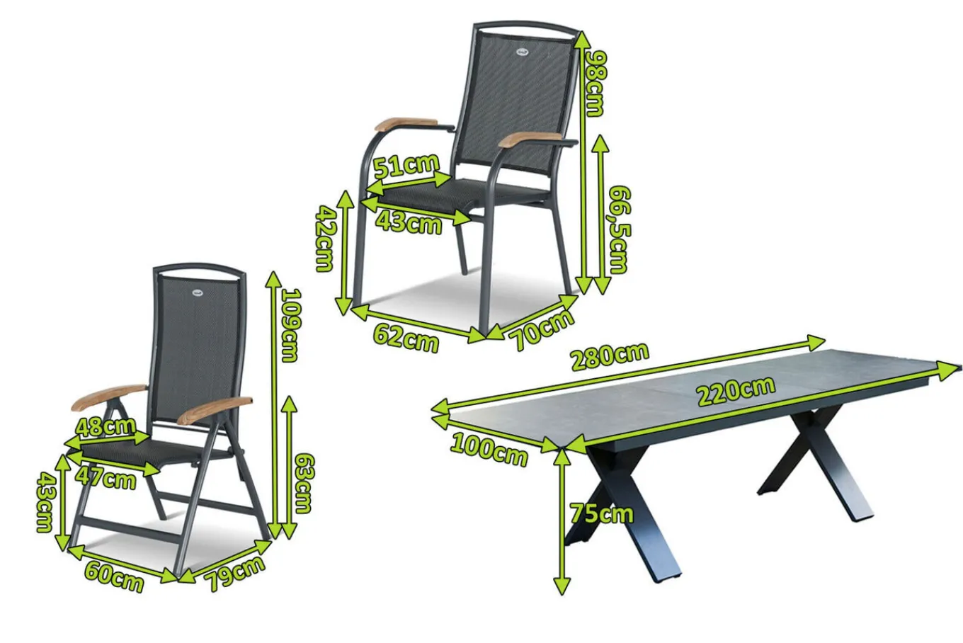 Clearance Sondermodell Xanadu / Raffaelo Garten-Essgruppe, xerix/anthrazit, Alu/Glaskeramik, 8 Stapelsessel, 2 Klappstühle, 220/280x100cm Garten-Essgruppen|Aluminium-Gartenmöbel