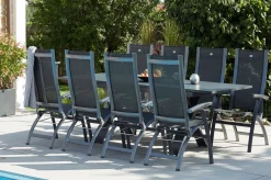 New Sondermodell Xanadu / Primo Garten-Essgruppe, xerix/natur, Alu/Teak/Glaskeramik, 6 Klappstühle, 220/280x100cm, X-Gestell, Teak Armlehnen Garten-Essgruppen|Aluminium-Gartenmöbel