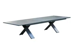 New Sondermodell Xanadu / Primo Garten-Essgruppe, xerix/natur, Alu/Teak/Glaskeramik, 6 Klappstühle, 220/280x100cm, X-Gestell, Teak Armlehnen Garten-Essgruppen|Aluminium-Gartenmöbel