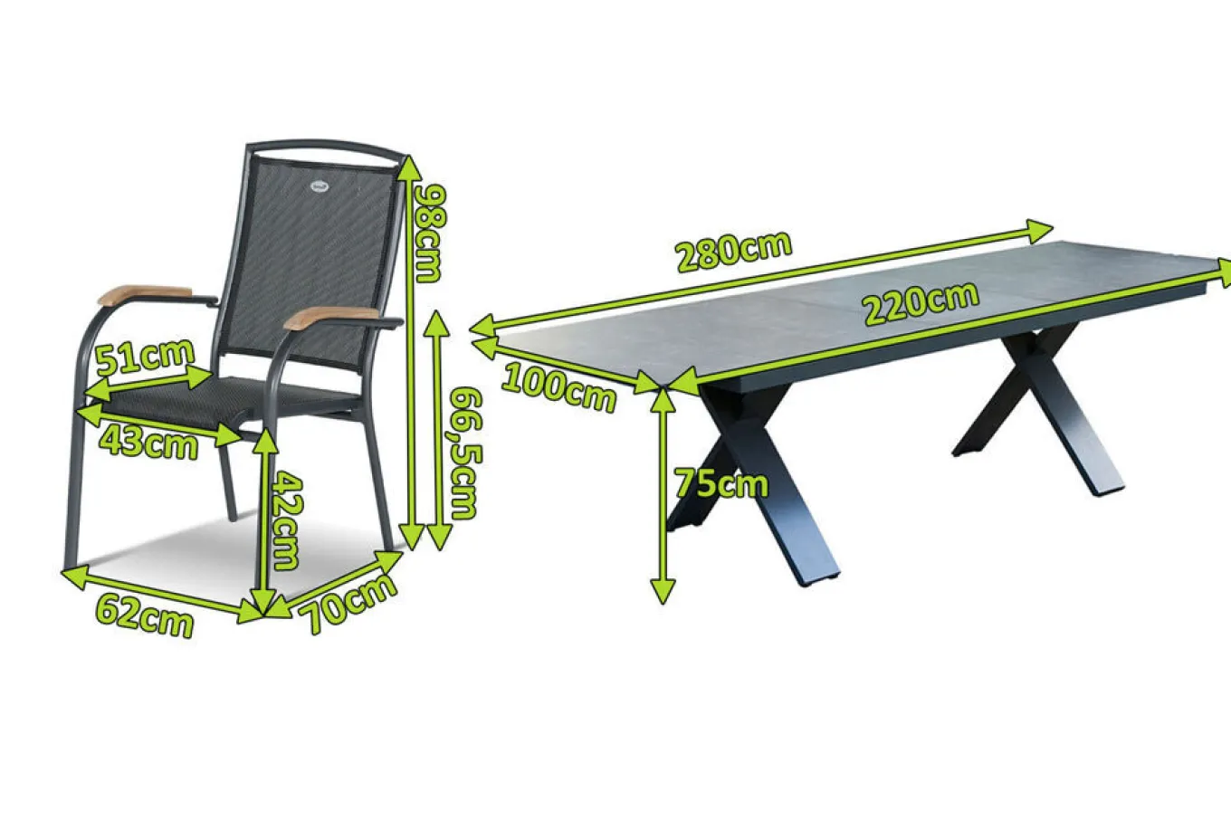 Clearance Sondermodell Xanadu / Raffaelo Garten-Essgruppe, xerix/anthrazit, Alu/Glaskeramik, 8 Stapelsessel, 220/280x100cm Garten-Essgruppen