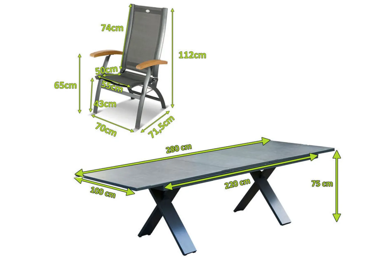 Best Sondermodell Xanadu / Primo Garten-Essgruppe, xerix/natur, Alu/Teak/Glaskeramik, 10 Klappstühle, 220/280x100cm, X-Gestell, Teak Armlehnen Garten-Essgruppen|Aluminium-Gartenmöbel