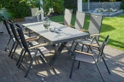 Discount Sondermodell Xanadu / Aruba Garten-Essgruppe, xerix/anthrazit, Alu/Glaskeramik, 2 Stapelsessel, 6 Klappstühle, 220/280x100cm Garten-Essgruppen