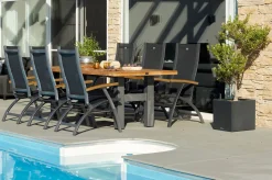 Hot Sondermodell Yasmani / Primo Garten-Essgruppe, xerix/natur, Alu/Teak/Glaskeramik, 6 Klappstühle, 240x100cm, Teak Armlehnen Garten-Essgruppen|Aluminium-Gartenmöbel