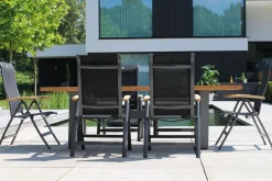 Sale Sondermodell Yasmani/Alice Garten-Essgruppe, xerix, Alu/Teakholz, 4x4 Textilen, 240x100cm, 6 Klappstühle Garten-Essgruppen