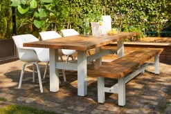 Outlet Sophie Yasmani Bank, Royal White / Natur Teak, 240 x 42 cm, Wetterfest, Hohe Belastbarkeit Aluminium-Gartenmöbel|Gartenbänke & Gartensofas