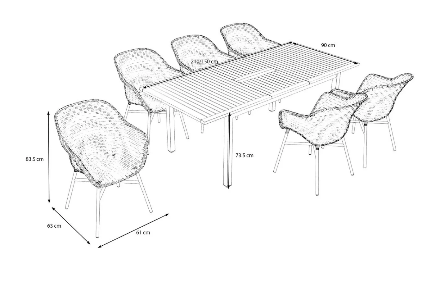 Best South Wales Garten-Essgruppe, xerix/natur/schwarz/weiß, Alu/Teak/Kunststoff, Ausziehtisch 150/210 x 90 cm, inkl. 6 Sessel Aluminium-Gartenmöbel