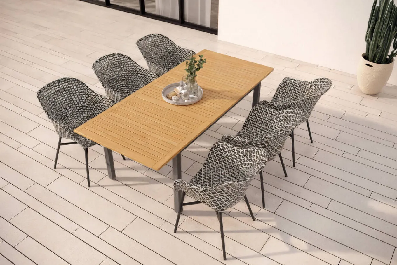 Best South Wales Garten-Essgruppe, xerix/natur/schwarz/weiß, Alu/Teak/Kunststoff, Ausziehtisch 150/210 x 90 cm, inkl. 6 Sessel Aluminium-Gartenmöbel