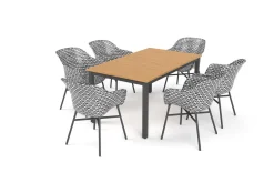 Best South Wales Garten-Essgruppe, xerix/natur/schwarz/weiß, Alu/Teak/Kunststoff, Ausziehtisch 150/210 x 90 cm, inkl. 6 Sessel Aluminium-Gartenmöbel