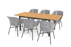 Best South Wales Garten-Essgruppe, xerix/natur/schwarz/weiß, Alu/Teak/Kunststoff, Ausziehtisch 150/210 x 90 cm, inkl. 6 Sessel Aluminium-Gartenmöbel