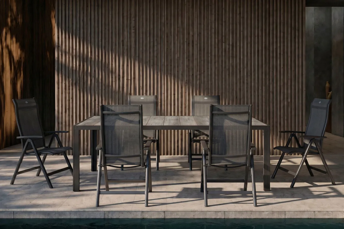 Tanger/Alice Comfort Garten-Essgruppe, xerix/grey wood, Aluminium/Keramik, 228x105cm, 6 Klappstühle Garten-Essgruppen|Aluminium-Gartenmöbel