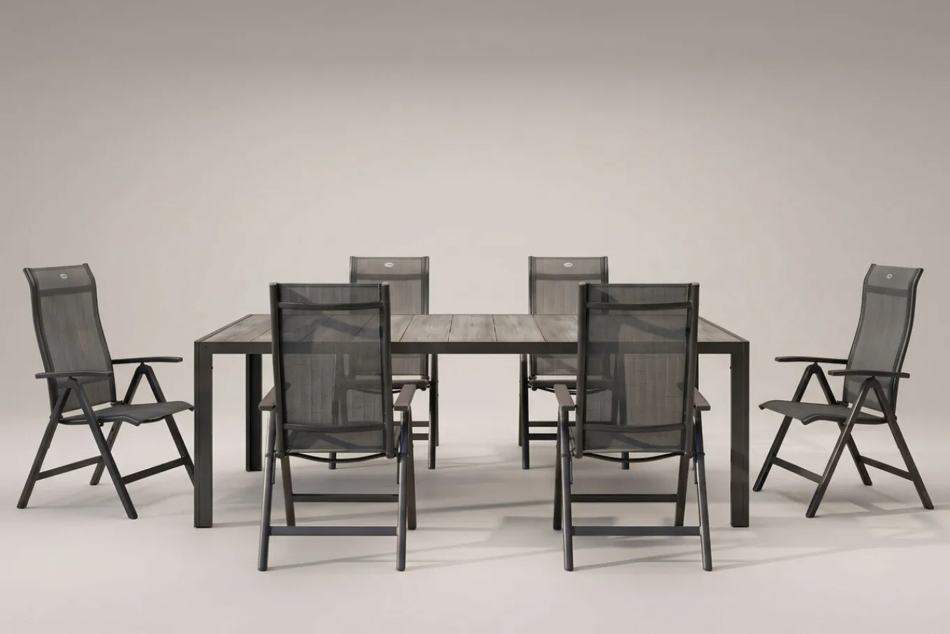 Best Tanger/Alice Comfort Garten-Essgruppe, xerix/grey wood, Aluminium/Keramik, 228x105cm, 6 Stapelsessel Garten-Essgruppen|Aluminium-Gartenmöbel