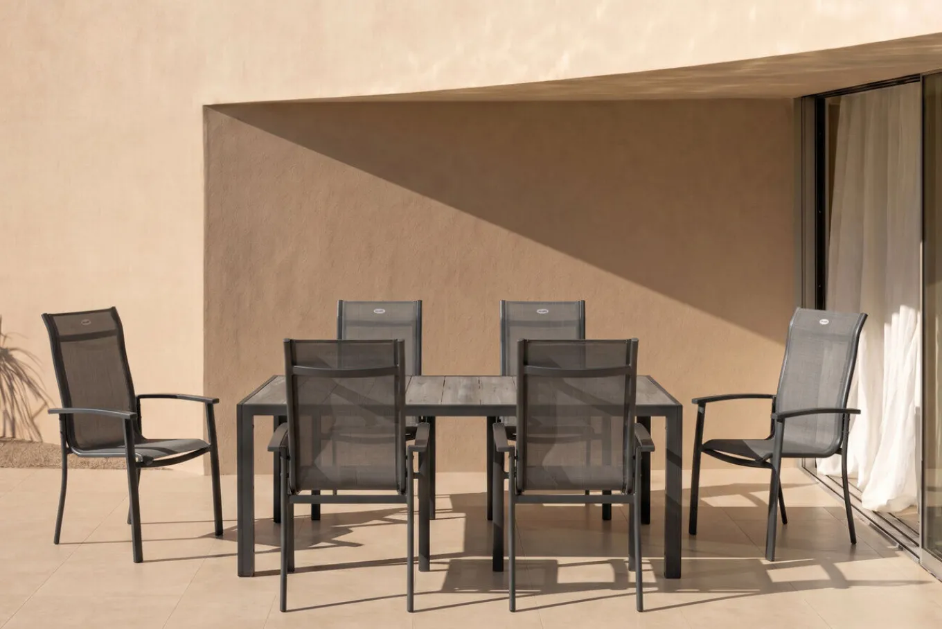 Best Tanger/Alice Comfort Garten-Essgruppe, xerix/grey wood, Aluminium/Keramik, 228x105cm, 6 Stapelsessel Garten-Essgruppen|Aluminium-Gartenmöbel