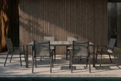 Sale Tanger/Aruba Garten-Essgruppe, xerix/grey wood, Aluminium/Keramik, 228x105cm, 6 Stapelsessel Garten-Essgruppen|Aluminium-Gartenmöbel