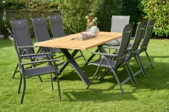 Sale Xanadu / Alice Comfort Garten-Essgruppe, xerix/anthrazit, Alu/Teakholz, 2 Stapelsessel, 6 Klappstühle, 220x100cm Garten-Essgruppen