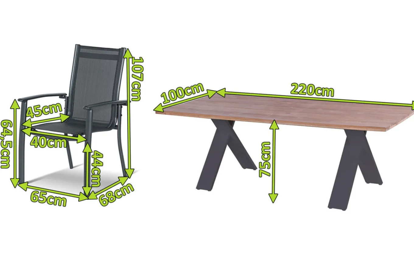 Sale Xanadu / Alice Comfort Garten-Essgruppe, xerix/anthrazit, Alu/Teakholz, 8 Stapelsessel, 220x100cm Garten-Essgruppen|Aluminium-Gartenmöbel