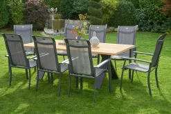 Sale Xanadu / Alice Comfort Garten-Essgruppe, xerix/anthrazit, Alu/Teakholz, 8 Stapelsessel, 220x100cm Garten-Essgruppen|Aluminium-Gartenmöbel