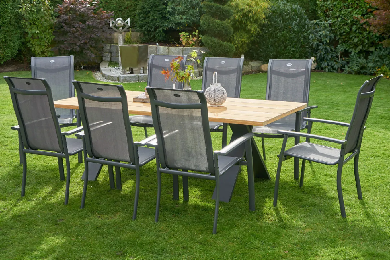 Sale Xanadu / Alice Comfort Garten-Essgruppe, xerix/anthrazit, Alu/Teakholz, 8 Stapelsessel, 220x100cm Garten-Essgruppen|Aluminium-Gartenmöbel