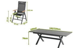 Discount Xanadu / Alice Garten-Essgruppe, xerix/natur, Alu/Teak/Glaskeramik, 4x4 Textilen, 8 Klappstühle, 160/220x100cm, Teak Armlehnen Aluminium-Gartenmöbel