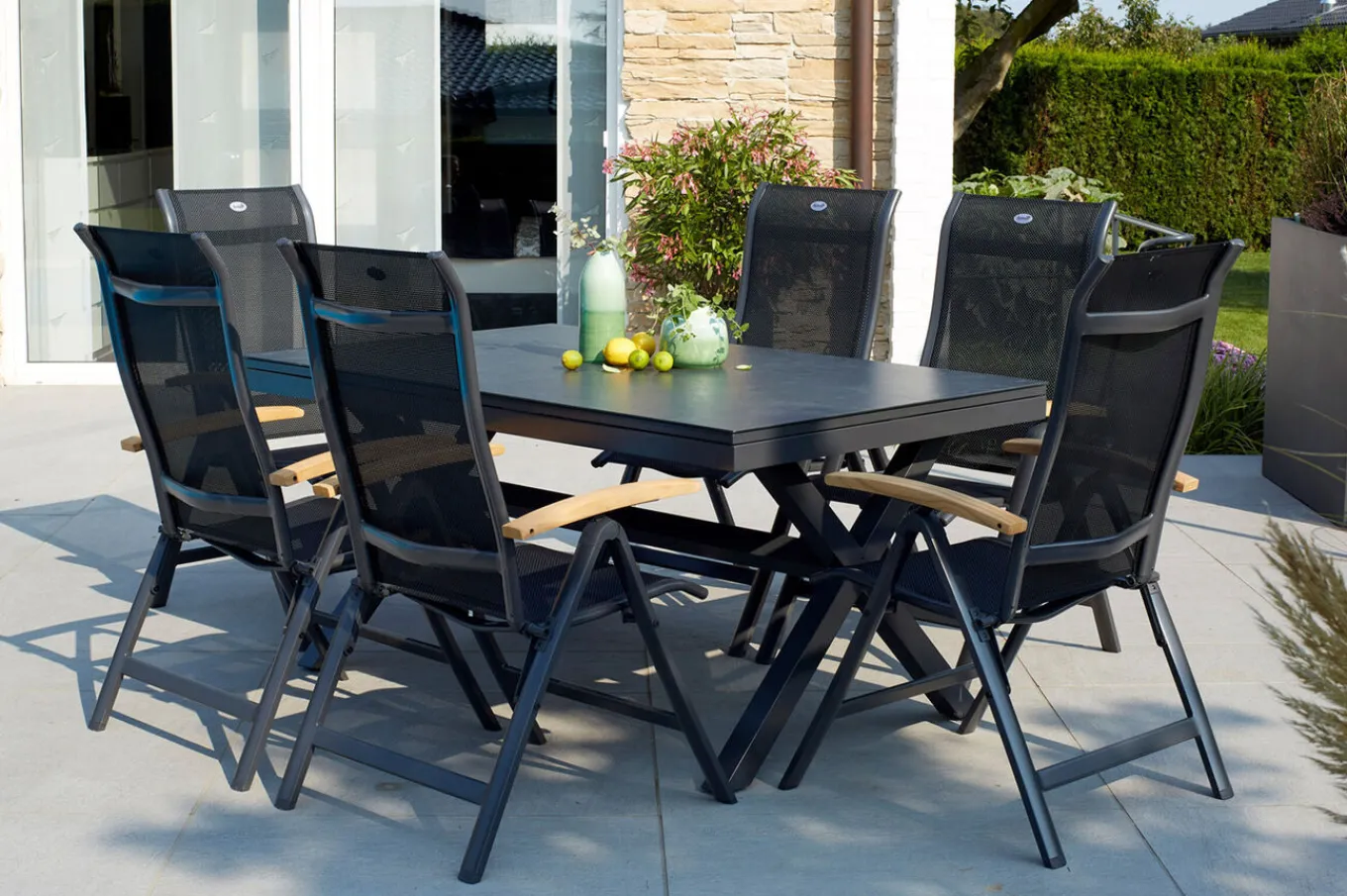 Best Xanadu / Alice Garten-Essgruppe, xerix/natur, Alu/Teak/Glaskeramik, 4x4 Textilen, 6 Klappstühle, 160/220x100cm, Teak Armlehnen Garten-Essgruppen|Aluminium-Gartenmöbel
