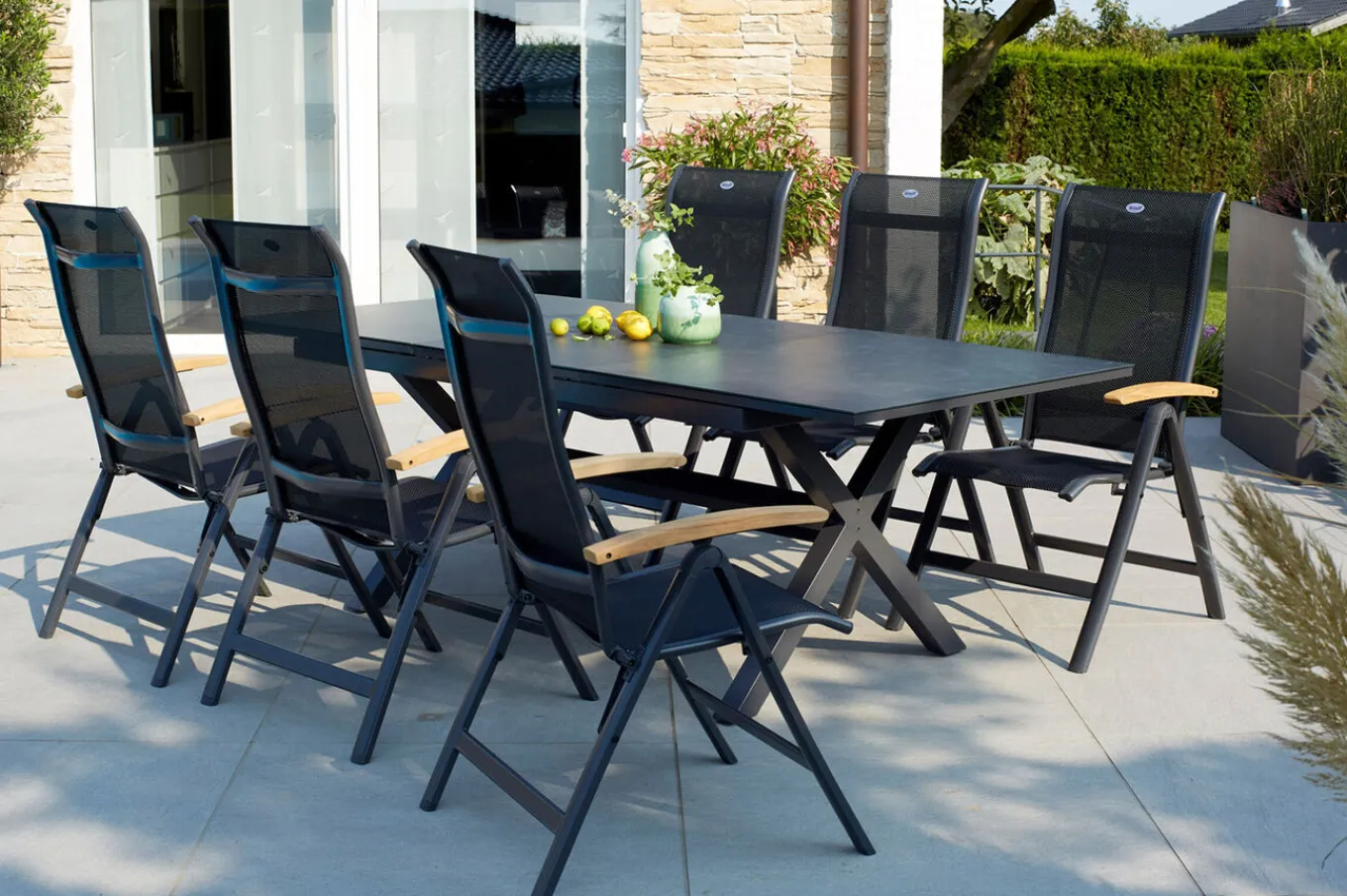 Best Xanadu / Alice Garten-Essgruppe, xerix/natur, Alu/Teak/Glaskeramik, 4x4 Textilen, 6 Klappstühle, 160/220x100cm, Teak Armlehnen Garten-Essgruppen|Aluminium-Gartenmöbel