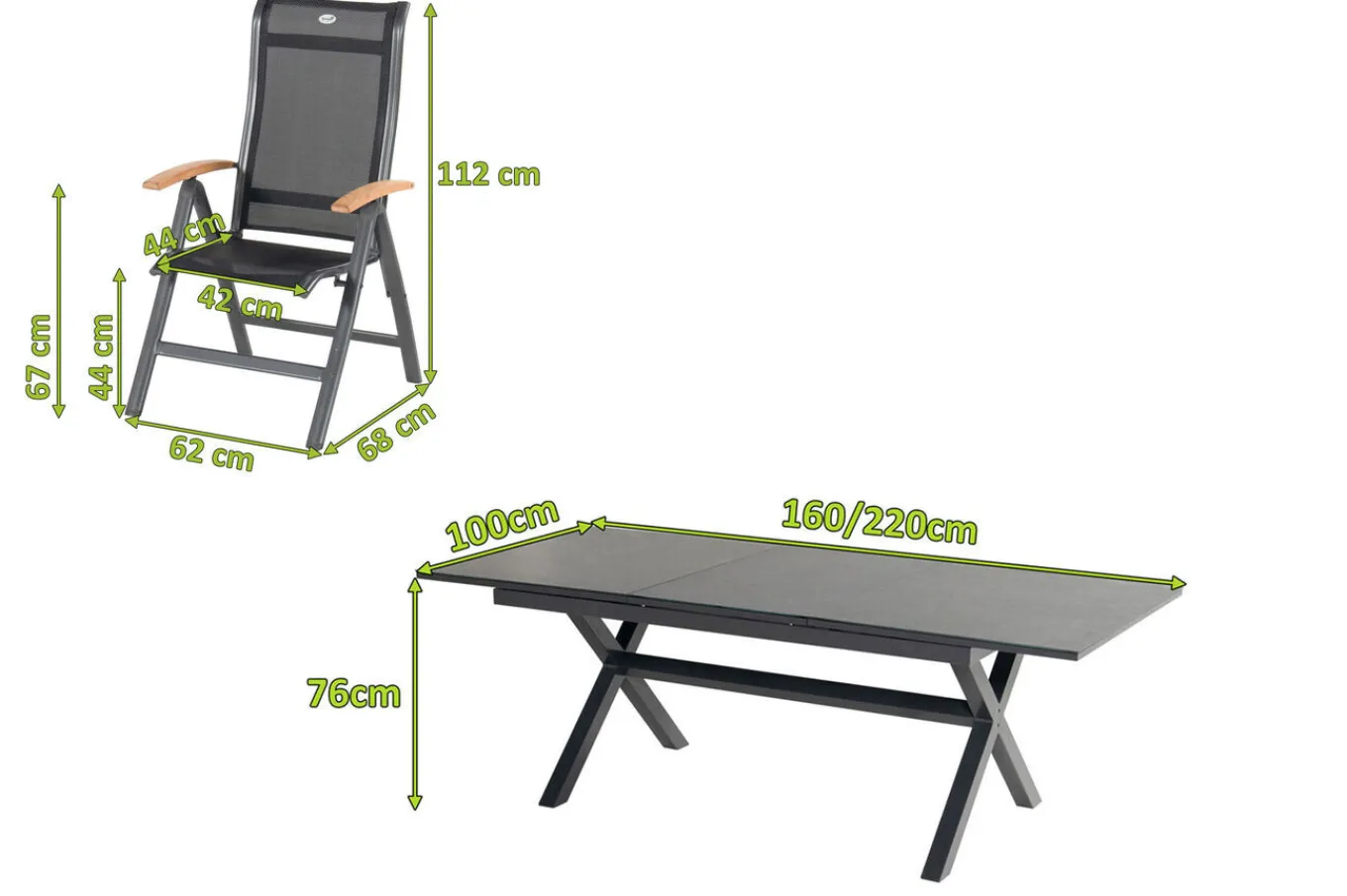 Best Xanadu / Alice Garten-Essgruppe, xerix/natur, Alu/Teak/Glaskeramik, 4x4 Textilen, 6 Klappstühle, 160/220x100cm, Teak Armlehnen Garten-Essgruppen|Aluminium-Gartenmöbel