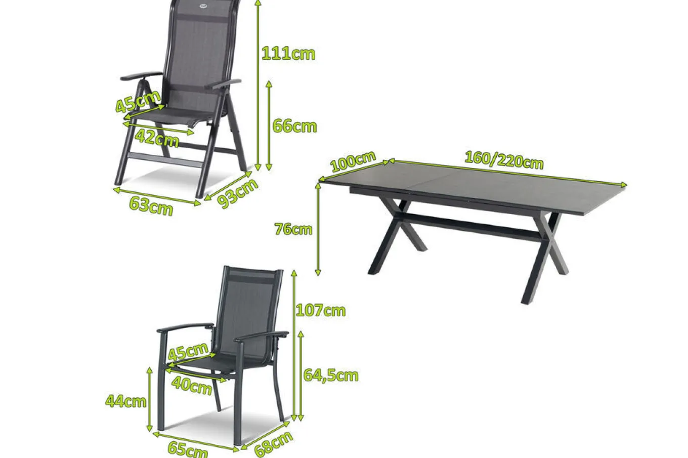 Online Xanadu / Alice Garten-Essgruppe, xerix, Alu/Textilene/Glaskeramik, 4 Stapelsessel, 2 Klappstühle, 160/220x100cm Garten-Essgruppen|Aluminium-Gartenmöbel