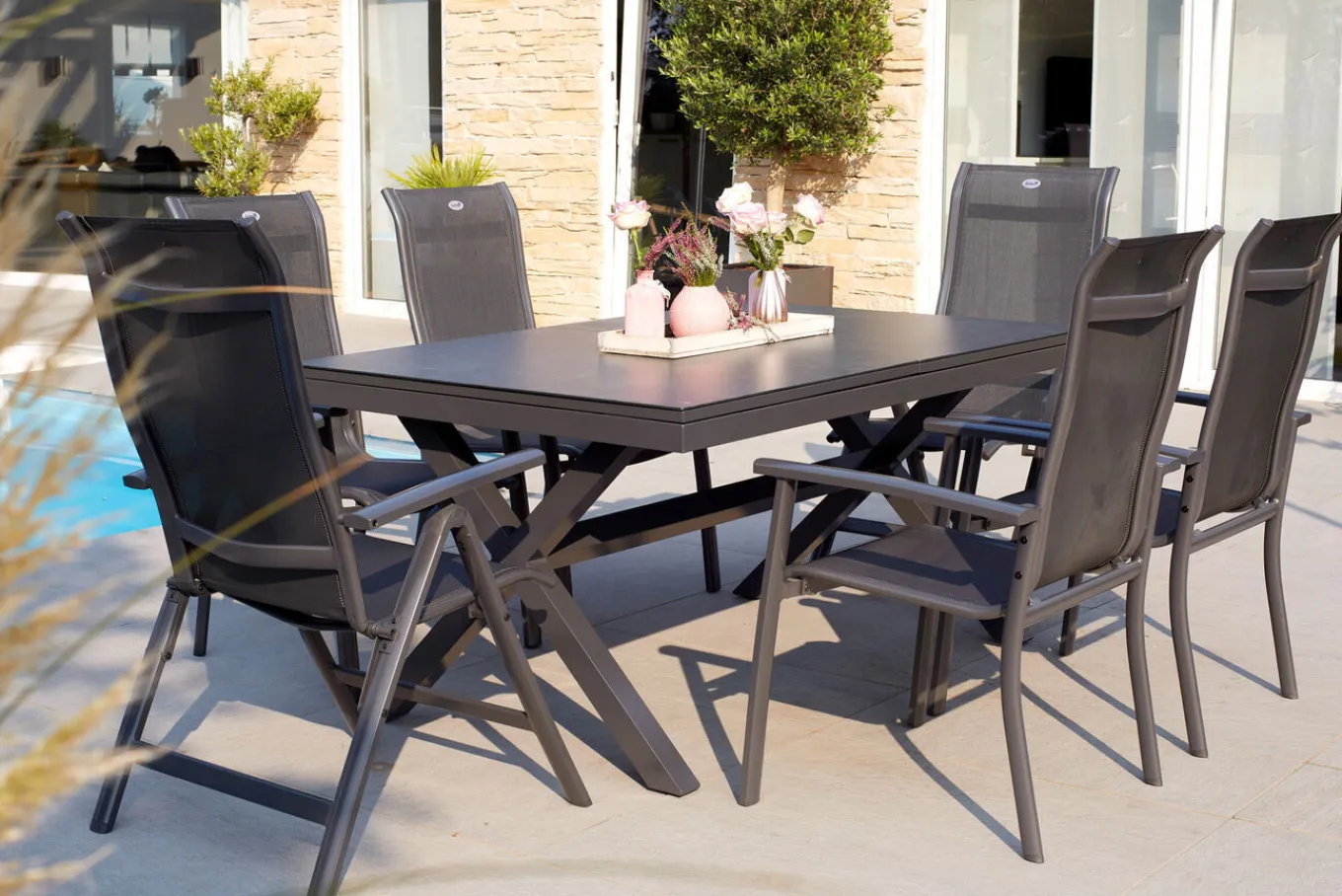 Online Xanadu / Alice Garten-Essgruppe, xerix, Alu/Textilene/Glaskeramik, 4 Stapelsessel, 2 Klappstühle, 160/220x100cm Garten-Essgruppen|Aluminium-Gartenmöbel
