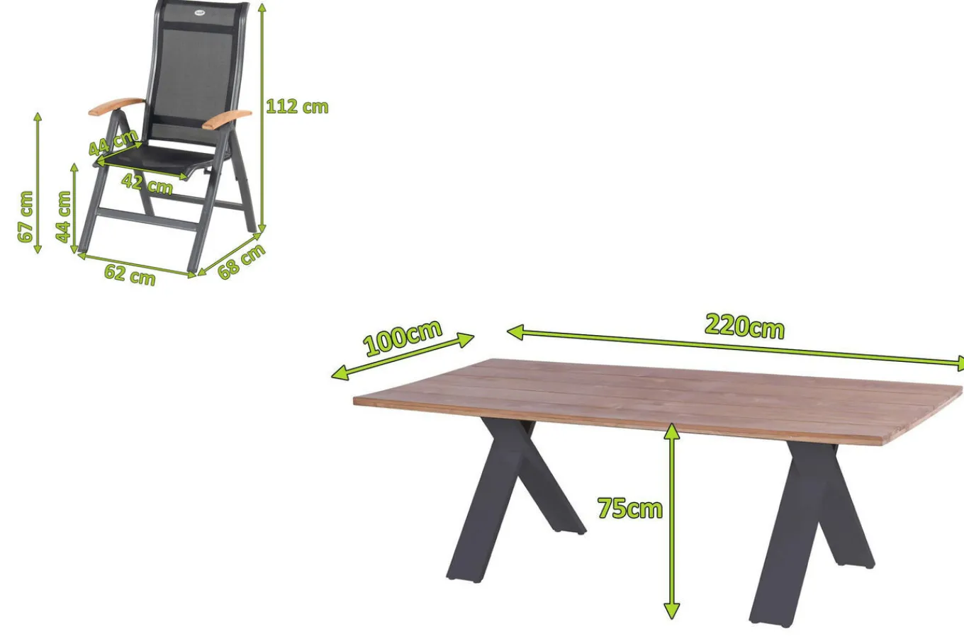 Clearance Xanadu / Alice Garten-Essgruppe, xerix/schwarz, Alu/Teakholz, 4x4 Textilen, 6 Klappstühle, 220x100cm Garten-Essgruppen|Aluminium-Gartenmöbel