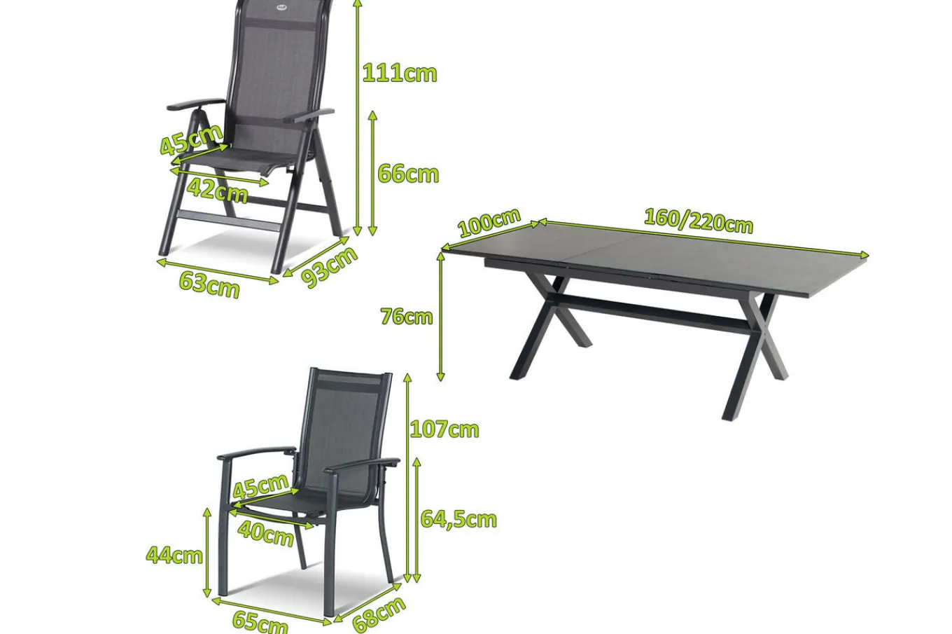 Clearance Xanadu / Alice Garten-Essgruppe, xerix, Alu/Textilene/Glaskeramik, 6 Stapelsessel, 2 Klappstühle, 160/220x100cm Garten-Essgruppen|Aluminium-Gartenmöbel