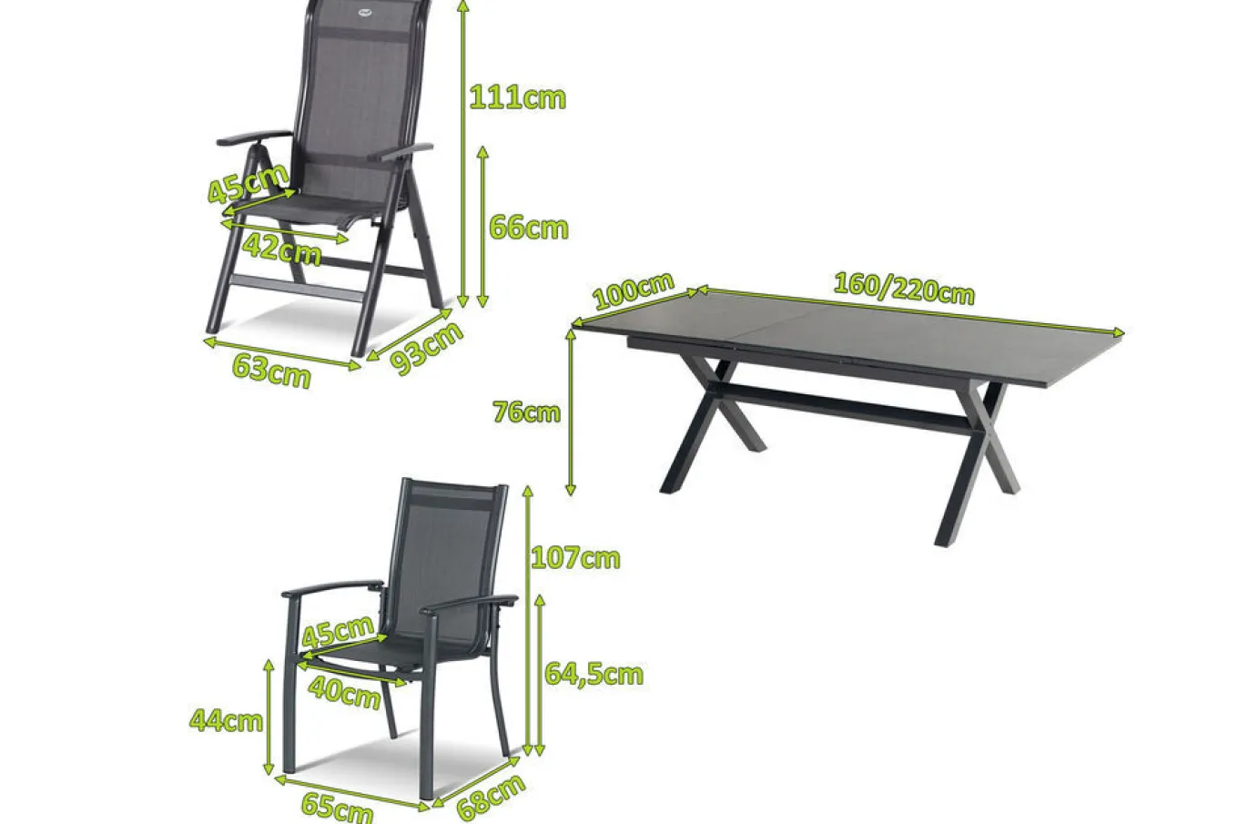 Online Xanadu / Alice Garten-Essgruppe, xerix, Alu/Textilene/Glaskeramik, 2 Stapelsessel, 6 Klappstühle, 160/220x100cm Garten-Essgruppen|Aluminium-Gartenmöbel